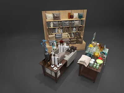 Wooden Display Shelves With Home Decor Items Towels And Bottles For Retail Showcase Setup 3d model