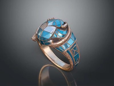 Decorative Blue Inlaid Ring With Metallic Band And Intricate Geometric Design 3d model