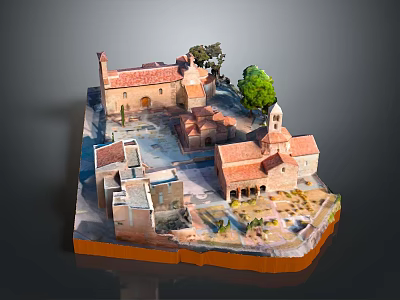 Architectural Model of Traditional Village Buildings with Red Tiled Roofs Tower and Green Trees 3d model