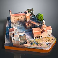 Architectural Model of Traditional Village Buildings with Red Tiled Roofs Tower and Green Trees