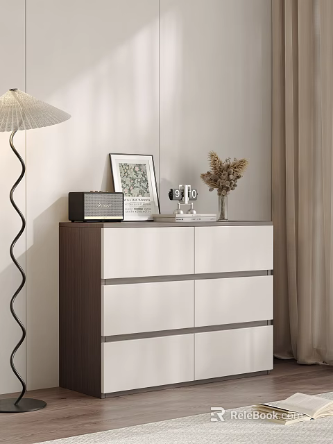 Modern White And Brown Dresser With Radio Framed Art And Dried Flowers 3d model 