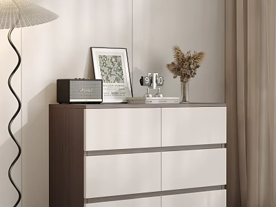 Modern White And Brown Dresser With Radio Framed Art And Dried Flowers 3d model