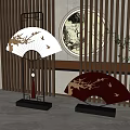 White And Red Fan Shaped Chinese Ornament Decorative Set With Golden Floral On Wooden Screen