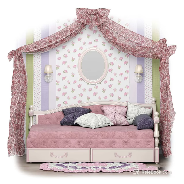 Pink Kids Bed With Canopy Lace Floral Wallpaper Round Mirror And Wall Lamps 3d model 