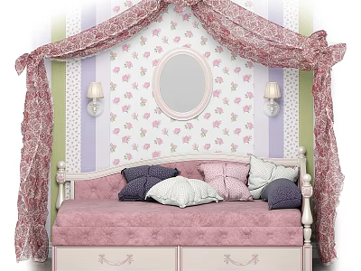 Pink Kids Bed With Canopy Lace Floral Wallpaper Round Mirror And Wall Lamps 3d model