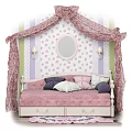 Pink Kids Bed With Canopy Lace Floral Wallpaper Round Mirror And Wall Lamps