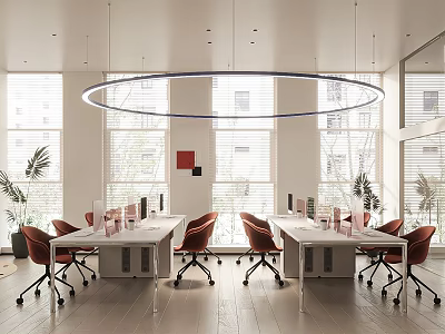 Public Office Space With Circular Light Large Windows White Desks Red Chairs And Potted Plants 3d model
