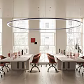 Public Office Space With Circular Light Large Windows White Desks Red Chairs And Potted Plants