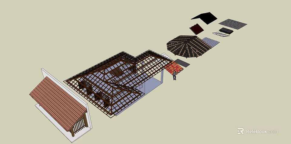 Wooden Roof Frame Structure With Various Tile Designs And Architectural Components 3d model