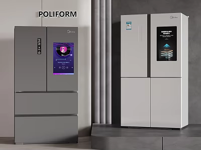 Modern Gray And White Multi Door Refrigerators Featuring Digital Display And Sleek Design 3d model