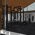 Modern Fitness Gym Interior With Glass Walls Wooden Ceiling And Workout Equipment