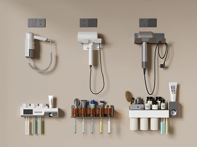 Wall Mounted Bathroom Accessories With Hair Dryer Toothbrush Holders And Toiletries Storage 3d model