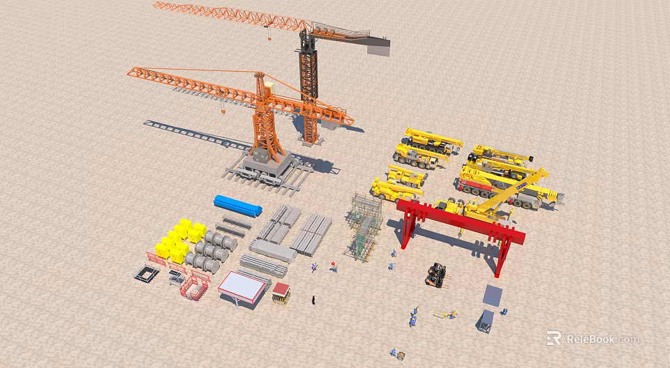 Industrial Equipment Featuring Cranes Yellow Construction Vehicles Gantry Crane Steel Beams Scaffolding at Construction Site 3d model 