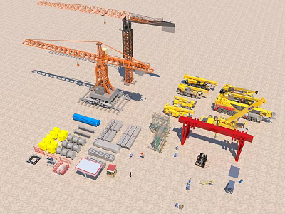 Industrial Equipment Featuring Cranes Yellow Construction Vehicles Gantry Crane Steel Beams Scaffolding at Construction Site 3d model