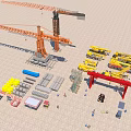 Industrial Equipment Featuring Cranes Yellow Construction Vehicles Gantry Crane Steel Beams Scaffolding at Construction Site