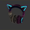 Black Gaming Computer Headphones with Cat Ear Design and Blue Glowing Effect