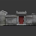Traditional Ancient Architecture Model With Gray Brick Walls Red Wooden Door And Tile Roof