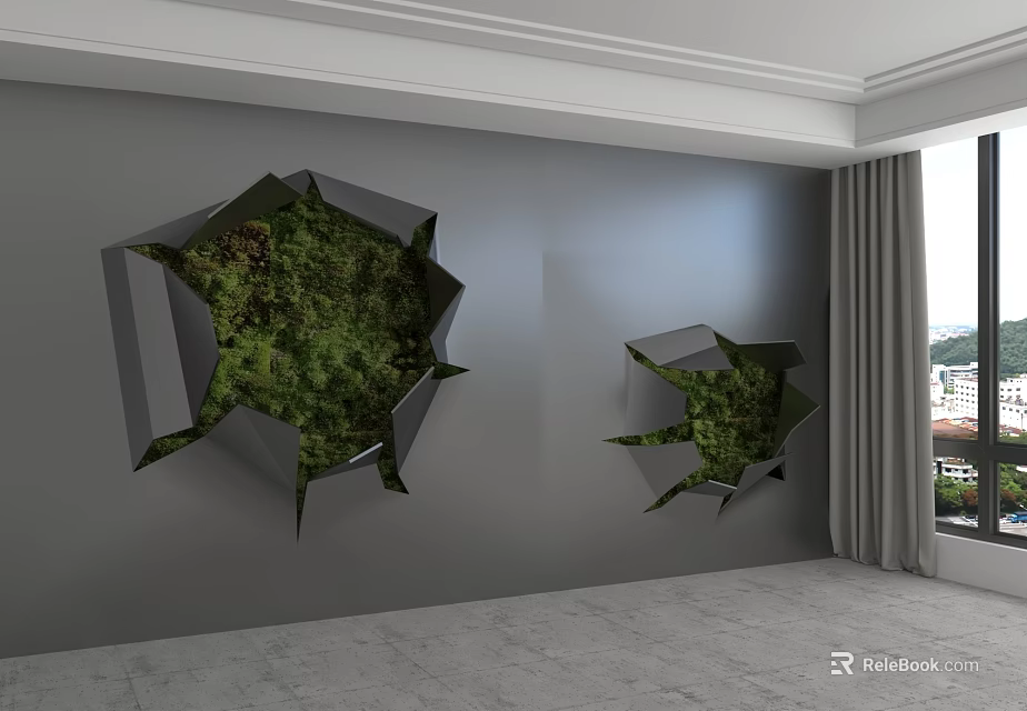 Gray Background Wall With 3D Hole Shaped Green Plant Decorations In Interior Room 3d model 