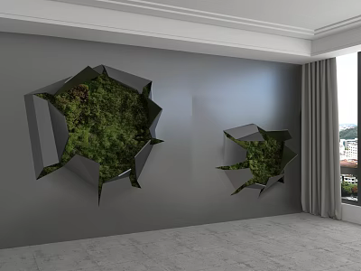 Gray Background Wall With 3D Hole Shaped Green Plant Decorations In Interior Room 3d model