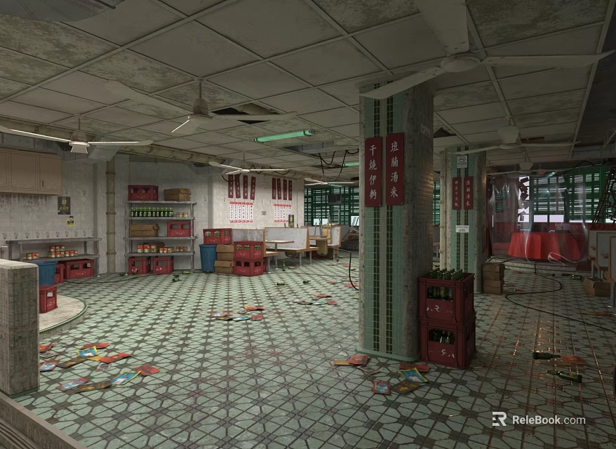 Messy Abandoned Canteen Interior With Scattered Trash Red Boxes Ceiling Fans And Pillars 3d model 