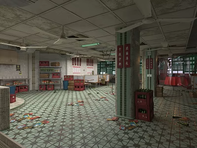 Messy Abandoned Canteen Interior With Scattered Trash Red Boxes Ceiling Fans And Pillars 3d model