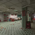 Messy Abandoned Canteen Interior With Scattered Trash Red Boxes Ceiling Fans And Pillars