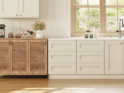 Wooden Sideboard With Wicker Panels White Cabinets And Vase With Flowers In Bright Kitchen 3d model
