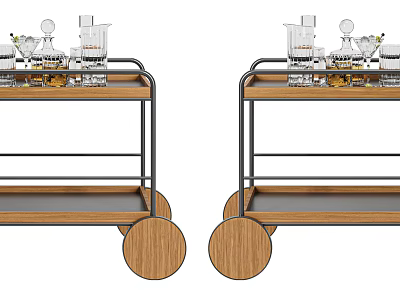 Stylish Serving Trolleys With Wooden Wheels Metal Frames And Glassware Items 3d model