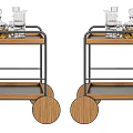 Stylish Serving Trolleys With Wooden Wheels Metal Frames And Glassware Items