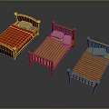 Set of Three Wooden Frame Double Beds With Colorful Mattresses And Pillows