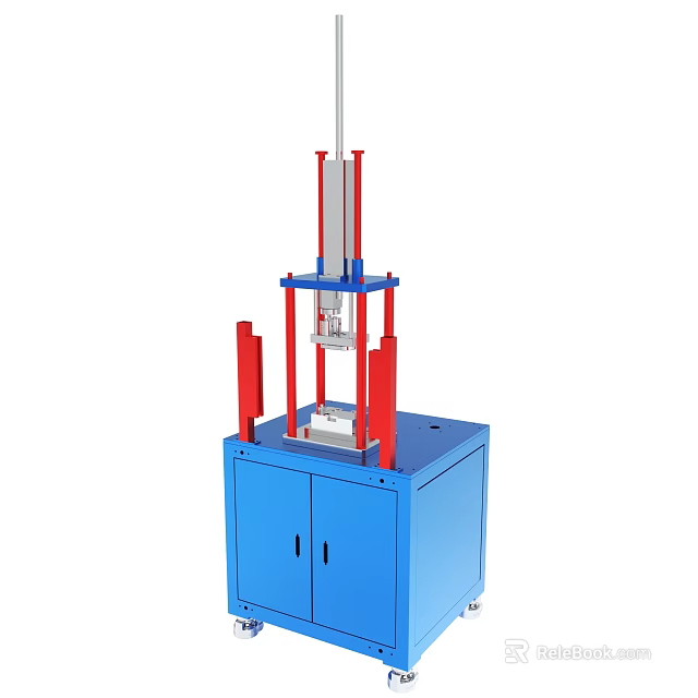 Blue Industrial Machine With Red Vertical Supports And Cabinet Base Structure 3d model