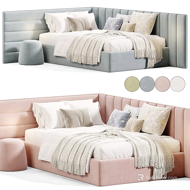 Modern Upholstered Kids Bed With Soft Blanket Pillows Stool And Multiple Colors 3d model 