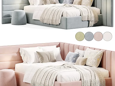Modern Upholstered Kids Bed With Soft Blanket Pillows Stool And Multiple Colors 3d model