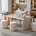 Modern Tea Table With Marble Top And Chair Plus Stools In Room With Bookshelves