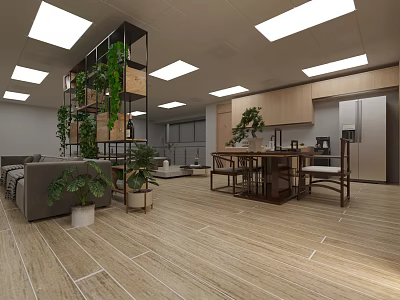Modern Office Open Layout With Green Plants Sofa Wooden Floors And Tables 3d model