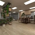 Modern Office Open Layout With Green Plants Sofa Wooden Floors And Tables
