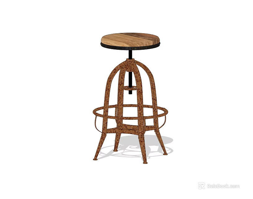 Modern Bar Stool With Round Wooden Seat Metal Frame And Woven Structure For Home Use 3d model 