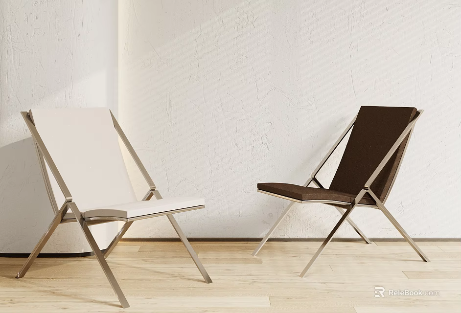 Stylish Leisure Chairs With White and Brown Upholstered Seats and Metal Frames on Wooden Floor 3d model 