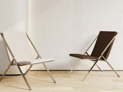 Stylish Leisure Chairs With White and Brown Upholstered Seats and Metal Frames on Wooden Floor 3d model