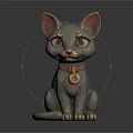 Metallic Cat Sculpture With Copper Ears Paws Red Collar And Circular Pendant