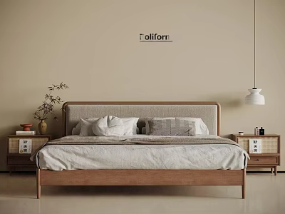 Minimalist Double Bed with Upholstered Wooden Headboard Nightstands and Table Lamp in Beige Room 3d model