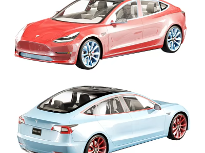 Red And Blue Electric Sedan Cars With Modern Body Design And Alloy Wheels 3d model