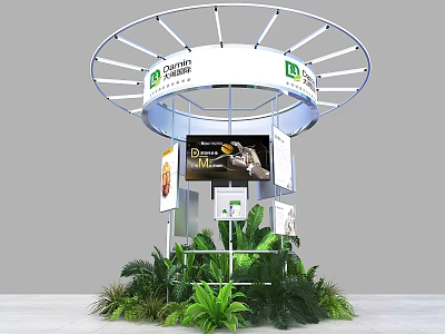 Modern Circular Art Installation With Radial Frame John Deere Logo Display Screen And Greenery 3d model