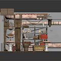 Industrial Scene Construction With Wooden Frame Metal Pipes Gear And Stools