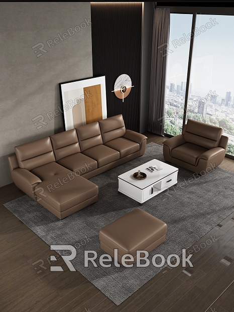 Bedroom Italian-style Multi-person Leather Sofa Chaise Chaise Single-person Sofa Pedal Coffee Table Combination model