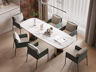 Elegant Modern Dining Table Set With Marble Top Metal Base And Upholstered Chairs 3d model