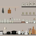 Organized Kitchen Shelves Display With Various Kitchenware Jars Cups And Pots