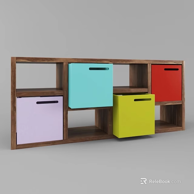 Modern Wooden Bookcase With Multiple Compartments And Colorful Storage Boxes 3d model