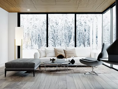 Modern Living Room Interior With Large Windows White Sofa And Glass Coffee Table 3d model