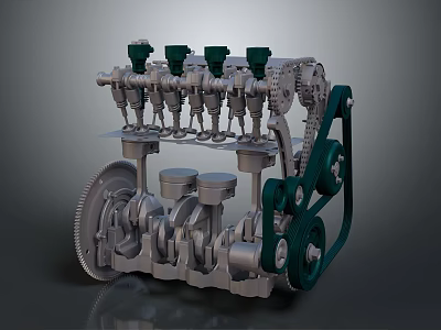 Detailed Engine Internal Structure With Valves Camshaft Gears Pulleys And Pistons 3d model